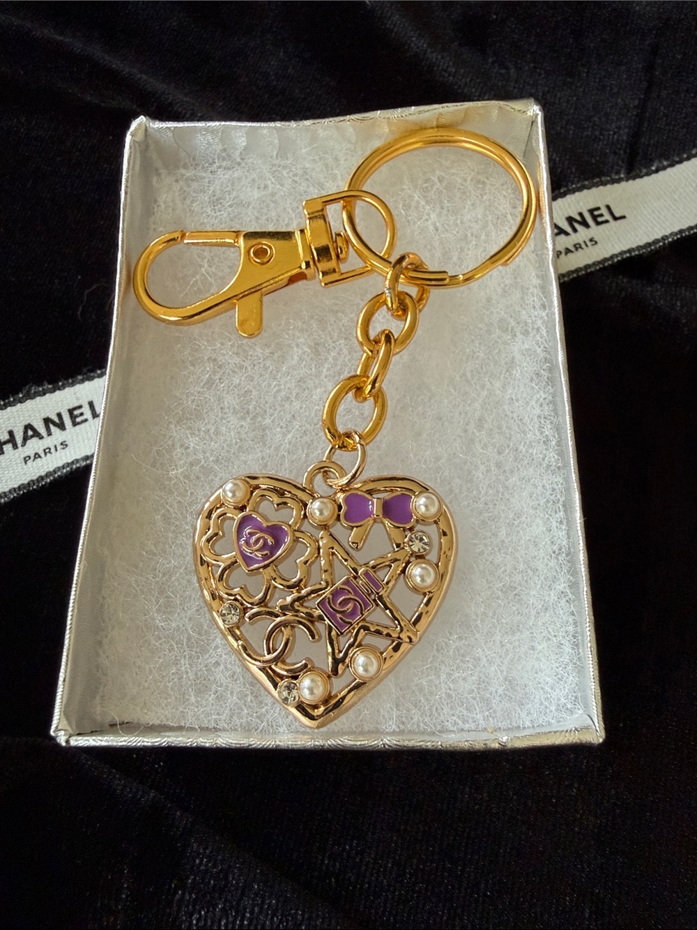 Gold-Tone Heart Keychain with Purple Enamel and Pearls